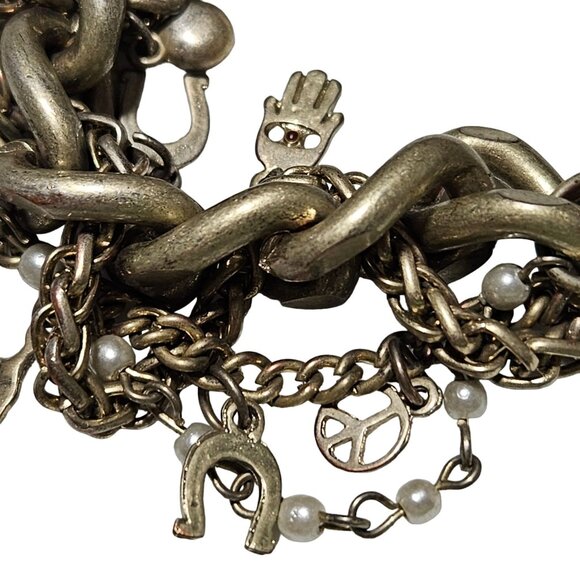 Vintage Leather Brass Chain Link Charm Bracelet Faux Pearls Fashion Jewelry - Picture 7 of 8